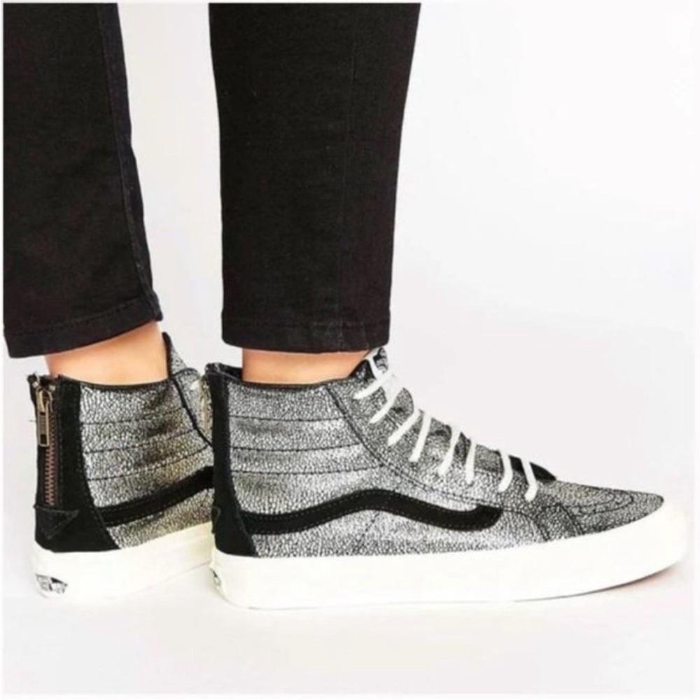 Stylish Silver and Black High-Top Sneakers